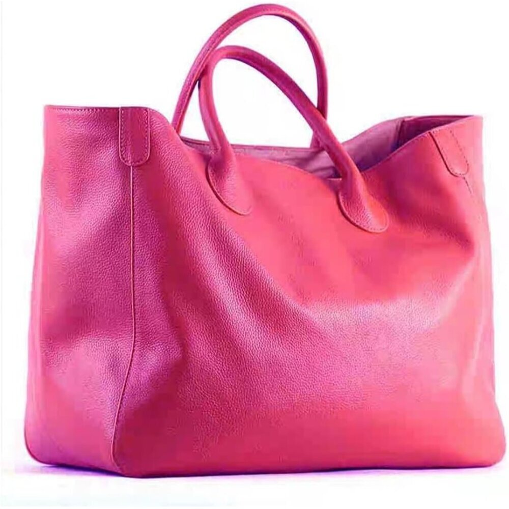 Spacious Pink Leather Tote Bag with Interior Pockets - Ideal Work & Travel Purse